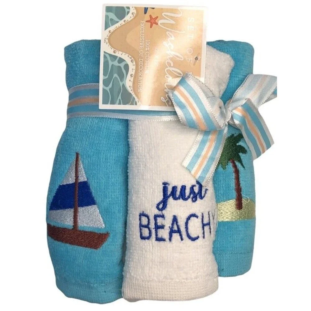 Tropical Washcloths Facecloths Beach Palm Tree Sailboat Embroidered Set of 5